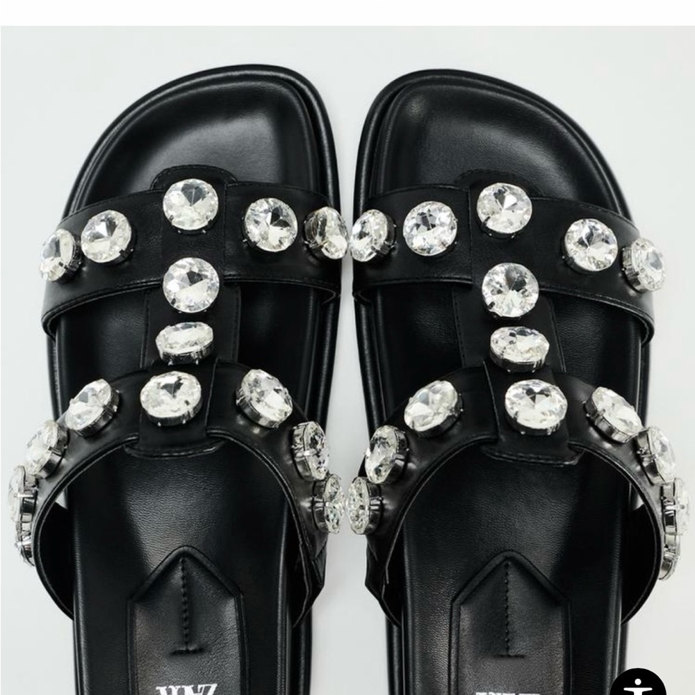 Zara Rhinestone Embellished Flat Sandals Size 37 EUR 6 1/2 US